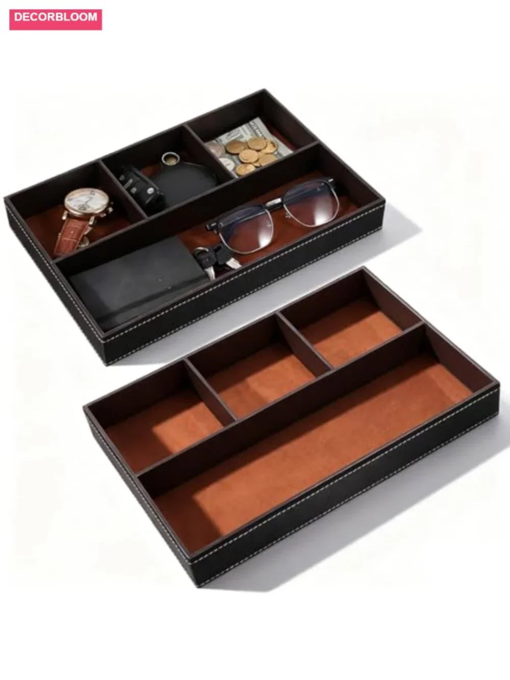 2-Piece Faux Leather Valet Tray Organizer for Wallet Watch Sunglass
